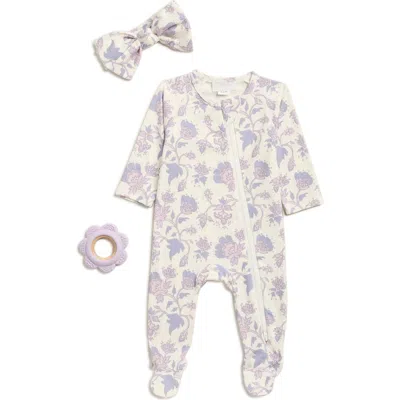 Toby Babies'  Ditsy Floral Print Footie, Bow & Teether Set In Purple