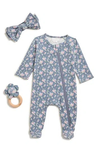 Toby Babies'  Ditsy Floral Print Waffle Knit Footie, Bow & Teether Set In Blue