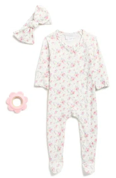 Toby Babies'  Ditsy Watercolor Floral Footie, Headband & Teether Set In White