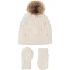 Toby Embellished Cable Stitch Beanie With Faux Fur Pompom & Mittens Set