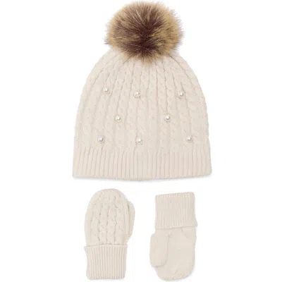 Toby Babies'  Embellished Cable Stitch Beanie With Faux Fur Pompom & Mittens Set