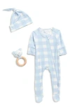 Toby Babies'  Gingham Layette, Beanie & Rattle Set In Blue