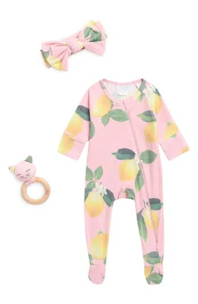 Toby Babies'  Lemon Footie, Headband & Teething Ring Set In Pink