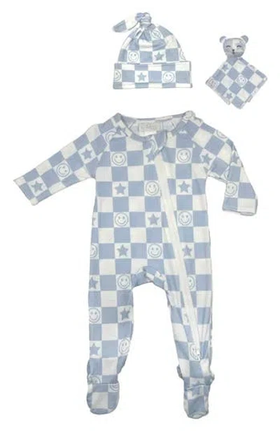 Toby Babies'  Smiley & Star Zip Footie, Hat & Lovey Set In Icy Blue