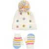 Toby Smiley Face Beanie & Mittens Set In Neutral