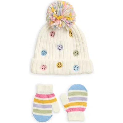Toby Babies'  Smiley Face Beanie & Mittens Set In Neutral