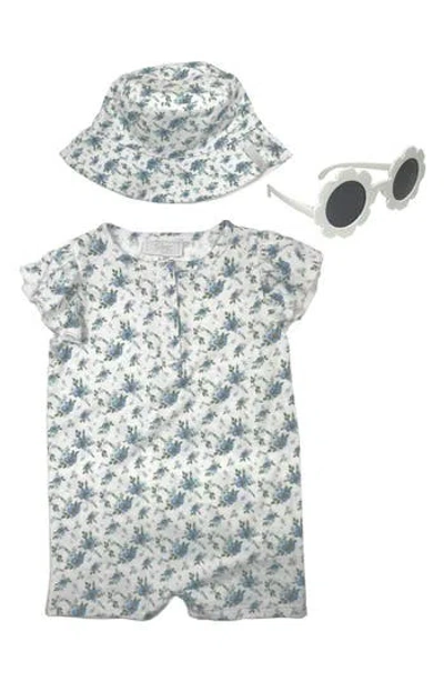 Toby Babies'  Watercolor Ditsy Floral Flutter Sleeve Romper, Hat & Sunglasses Set In Rain Blue