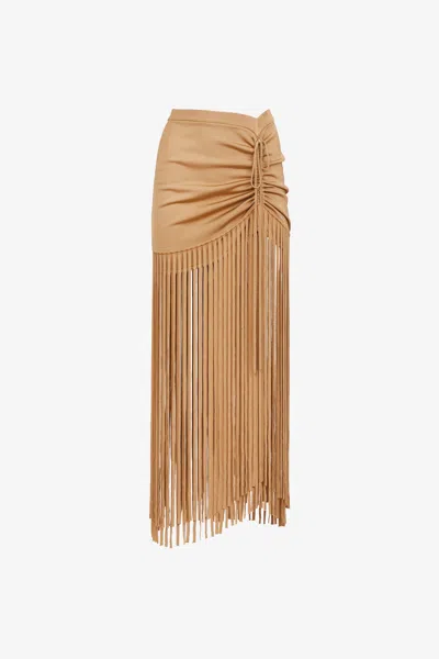 Toccin Amalia Ruched Mini Skirt With Fringe In Brown