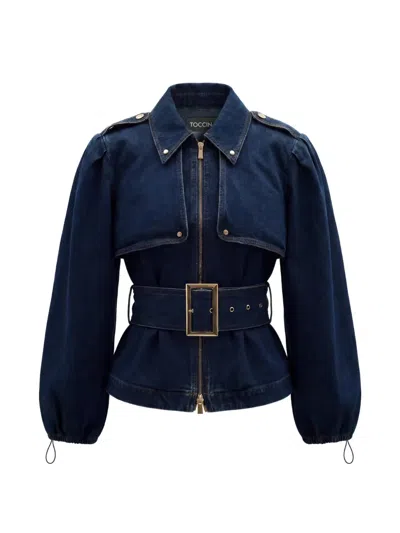 Toccin Brighton Belted Zip-up Cotton Jacket In Blue
