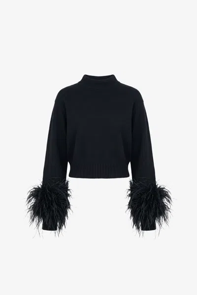 Toccin Brina Mock Neck Sweater With Feathers In Black