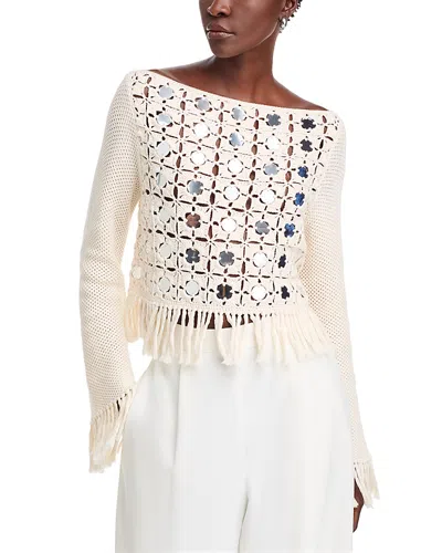 Toccin Camilla Mirror Long Sleeve Fringe Top In Ivory