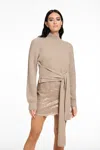 Toccin Cashmere Blend Mock Neck Tie Front Pullover Sweater With Puffed Sleeves In Brown