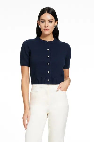 Toccin Cashmere Blend Short Sleeve Cropped Slim Fitting Crewneck Cardigan In Blue