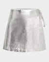 Toccin Danielle Metallic Vegan Leather Wrap Mini Skirt In Silvr