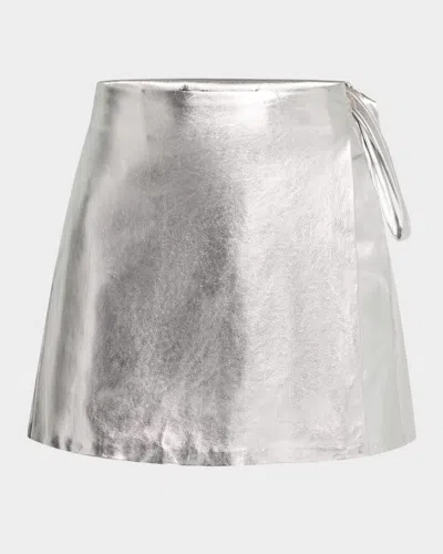 Toccin Danielle Metallic Vegan Leather Wrap Mini Skirt In Silvr