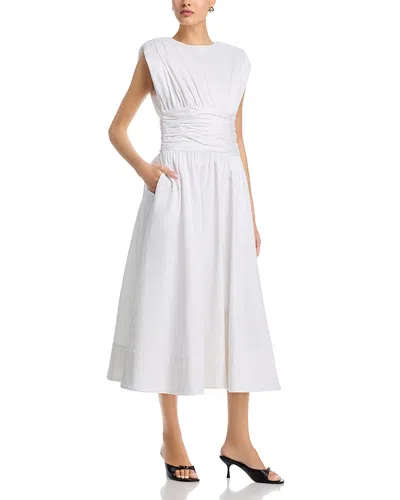 Toccin Evangeline Strong-shoulder Ruched Midi Cotton Dress In White