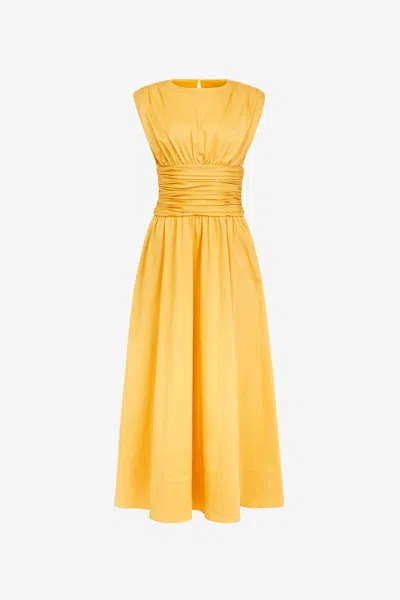 Toccin Evangeline Strong Shoulder Ruched Midi Dress In Yellow