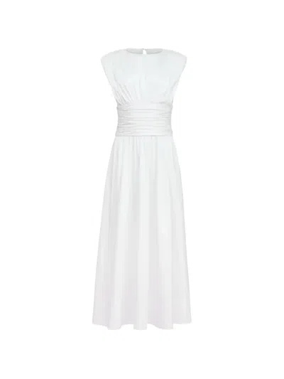 Toccin Evangeline Strong-shoulder Ruched Midi Cotton Dress In White