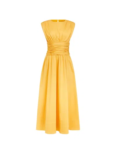 Toccin Evangeline Strong-shoulder Ruched Midi Cotton Dress In Yellow