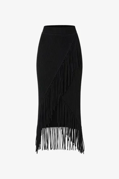 Toccin Giana Asymmetrical Midi Skirt With Fringe In Black