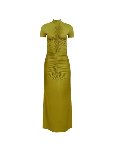 Toccin Gracelyn Mock Neck Short Sleeve Ruched Midi Dress In Green