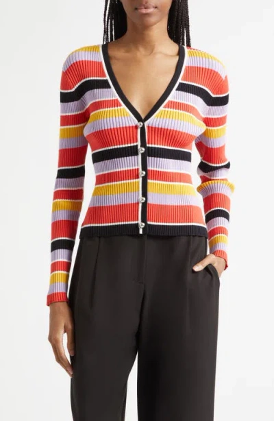 Toccin Greta Stripe Ribbed Button Front Cardigan In Multi