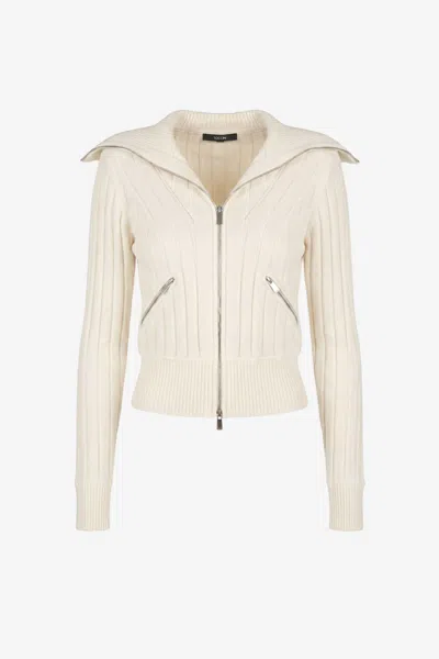 Toccin Holly Strong Shoulder Zip Front Sweater In Neutral
