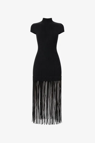 Toccin Jada Mock Neck Cap Sleeve Mini Dress With Fringe In Black