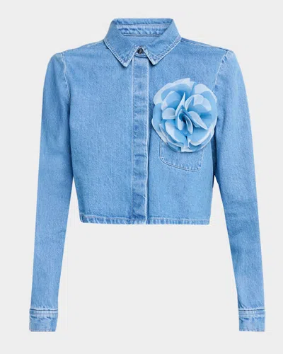 Toccin Jilly Cropped Denim Flower Blouse In Blue