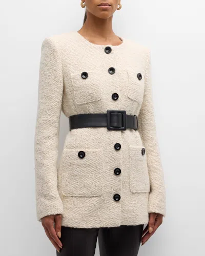 Toccin Lea Belted Boyfriend Tweed Jacket In Ivory/camel
