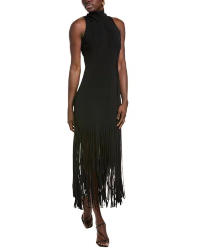 Toccin Leslie Mock Neck Seamed Dress With Fringe In Black