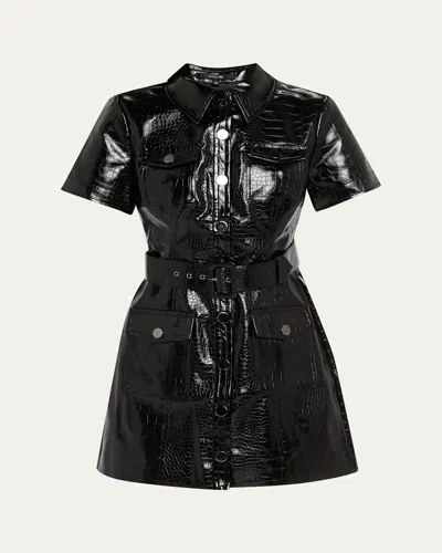 Toccin Lydia Croc-embossed Vegan Leather Mini Shirtdress In Black