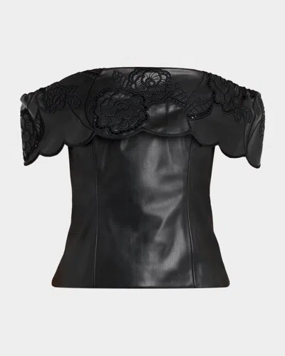 Toccin Mariana Embroidered Faux Leather Off-shoulder Top In Black