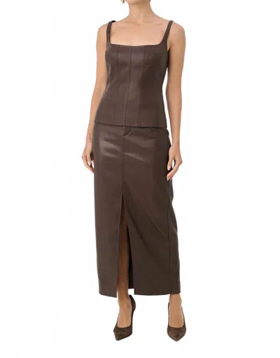 TOCCIN MEG VEGAN LEATHER MIDI SKIRT IN ESPRESSO BROWN