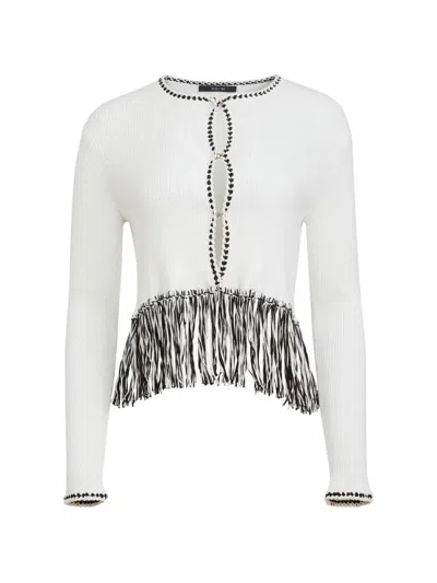 Toccin Monroe Long-sleeve Fringe-detail Cotton Cardigan In White