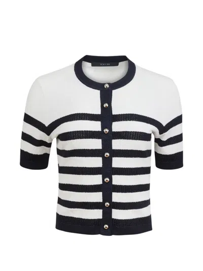 Toccin Oakley Striped Button-down Short-sleeve Cardigan In White