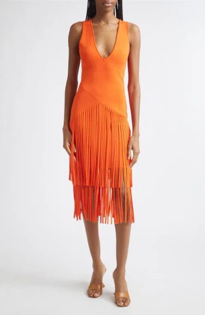 Toccin Patricia V-neck Seamed Midi Dress With Fringe In Orange