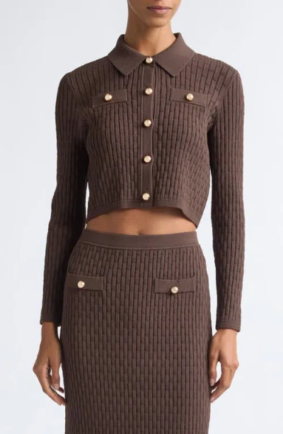 Toccin Posie Cropped Button-front Knit Cardigan In Brown