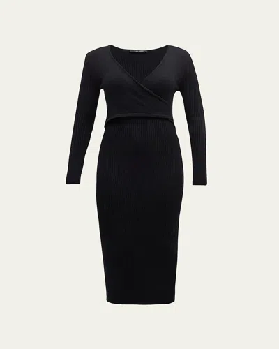 Toccin Ribbed Side-slit Wrap Midi Dress In Black
