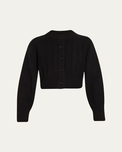 Toccin Rita Wool Blend Crewneck Cable Knit Cardigan Sweater In Jet