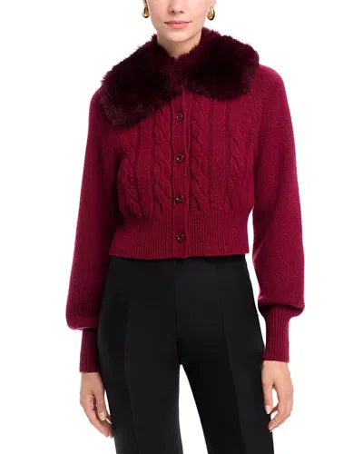 Toccin Rita Faux Fur Collar Cable Knit Cardigan In Red