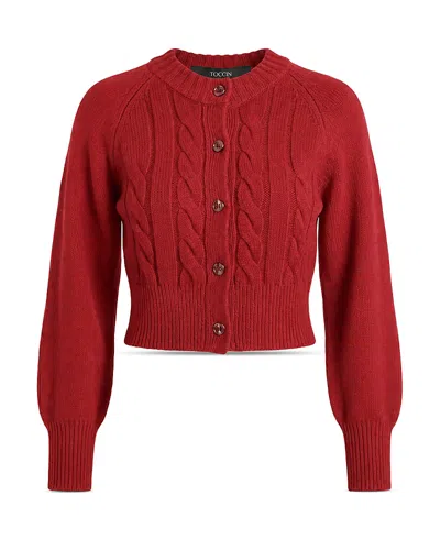 Toccin Rita Wool & Cashmere Cable Knit Cropped Cardigan In Red