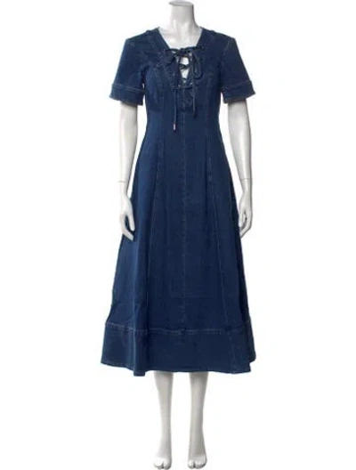 Pre-owned Toccin Tie Neck Midi Length Dress In Blue