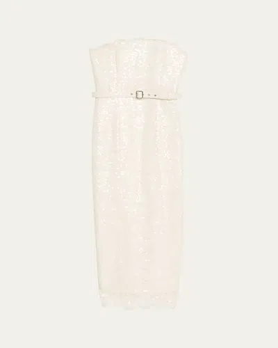 Toccin Vivian Belted Sequined Lace Midi Dress In Neutral