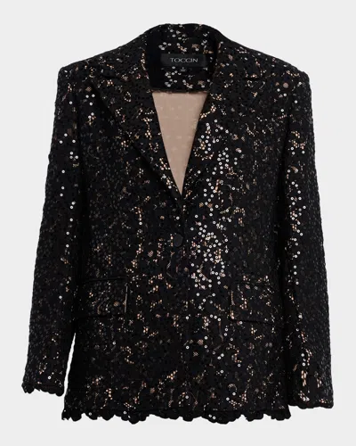 Toccin Willa Sequined Lace Boyfriend Blazer In Black