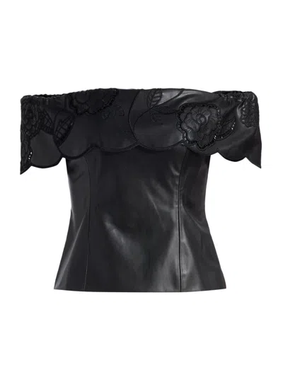 Toccin Mariana Embroidered Faux Leather Off-shoulder Top In Black