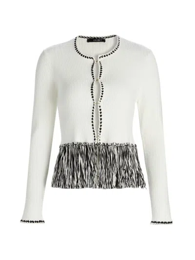 Toccin Women's Monroe Fringe-trim Rib-knit Cardigan In White