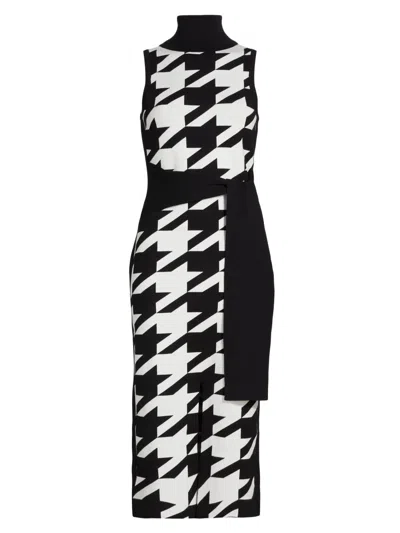 Toccin Women's Peggy Houndstooth Turtleneck Tie-waist Midi-dress In White