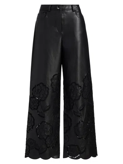 Toccin Women's Shawn Embroidered Faux-leather Straight-leg Pants In Black