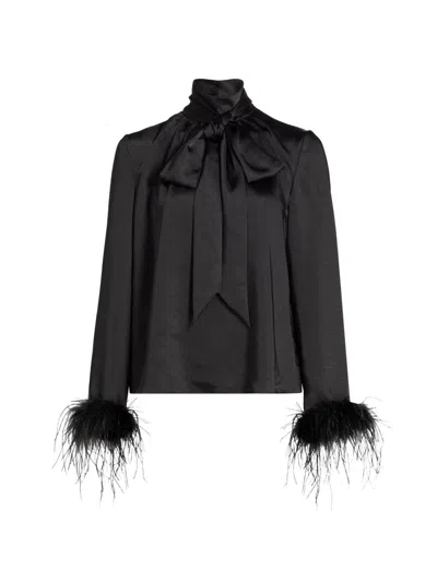 Toccin Women's Veronica Feather-cuff Textured Satin Blouse In Black